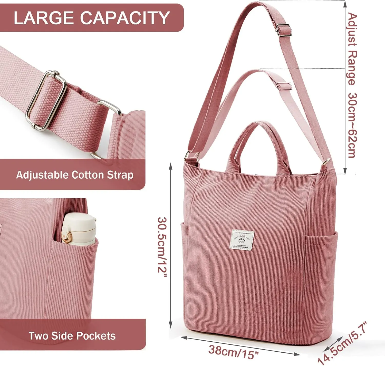 KALIDI Corduroy Tote Bag, Large Messenger Bag Shoulder Hobo Anti Splash Crossbody Zipper Bag Casual Work Shopping Women