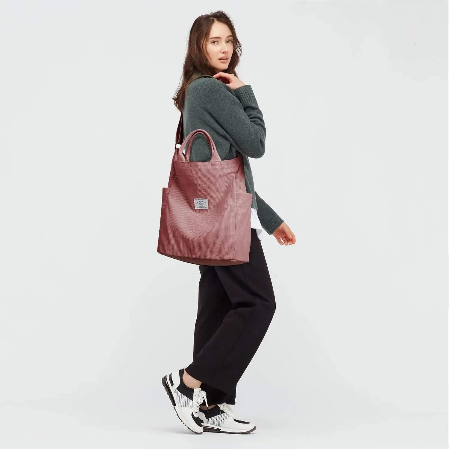 KALIDI Corduroy Tote Bag, Large Messenger Bag Shoulder Hobo Anti Splash Crossbody Zipper Bag Casual Work Shopping Women