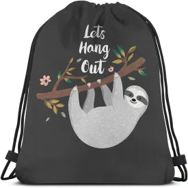 Let's Hang Out Drawstring Bags Backpack Bag Letter Quote Cartoon Animal Cute Sloth Branch Pink Flower Happy Sport Gym Sack Drawstring Bag String Bag Yoga Bag for Men Women