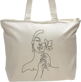Minimalist Line Art Tote Bag  Handmade Cotton Bag with Woman & Flower Design  Zipper Large Sizes