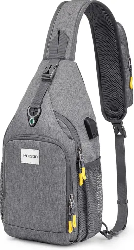 Prospo Sling Bag for Women Men Crossbody backpack with USB Charging Port, Small Hiking Daypack Chest Bag for Travel Outdoor