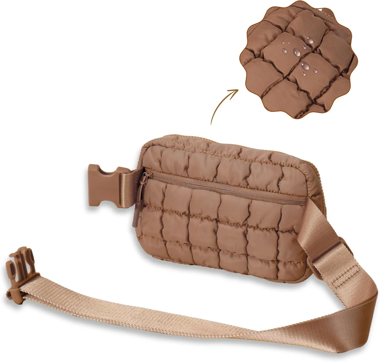 Puffer Crossbody Bag for Women  Plus Size Friendly Belt Bag  Quilted Fanny Pack w/Extender  Extra Long Strap 75" Fits XS-12X  Mini Puffer Bag for Travel Gym Trending Gift for Women (Caramel)