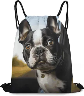 Puppy Dog Boston Terrier Drawstring Backpack Waterproof Lightweight Gym Bag Sports Cinch Sackpack for Gym,Travel,Swimming,Beach, 35*42cm, Style