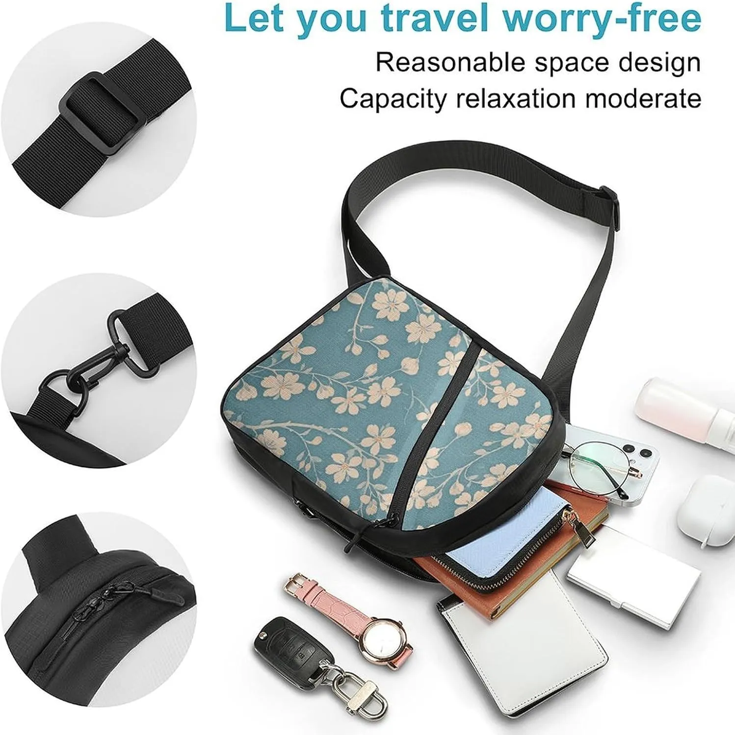 Sling Bag for Women Men Daypack Floral Light Blue Chest Bag Crossbody Backpack for Hiking Travel