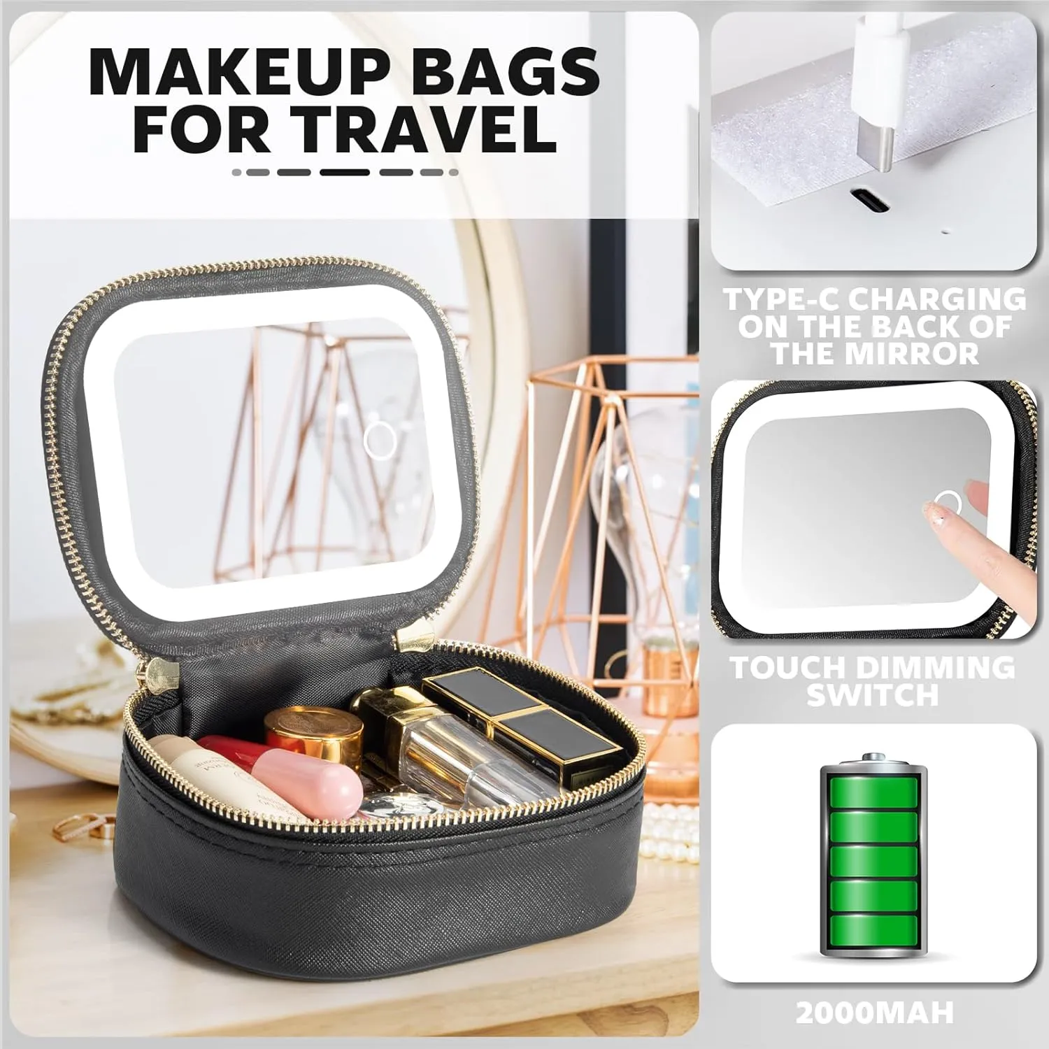 Small Makeup Bag Travel Train Case with Mirror and Light Mini Travel Makeup Train Case Cosmetic Organizer 3 Adjustable Brightness Toiletry Bag Portable Artist Storage