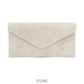 Stone Suede Leather Envelope Clutch Bag