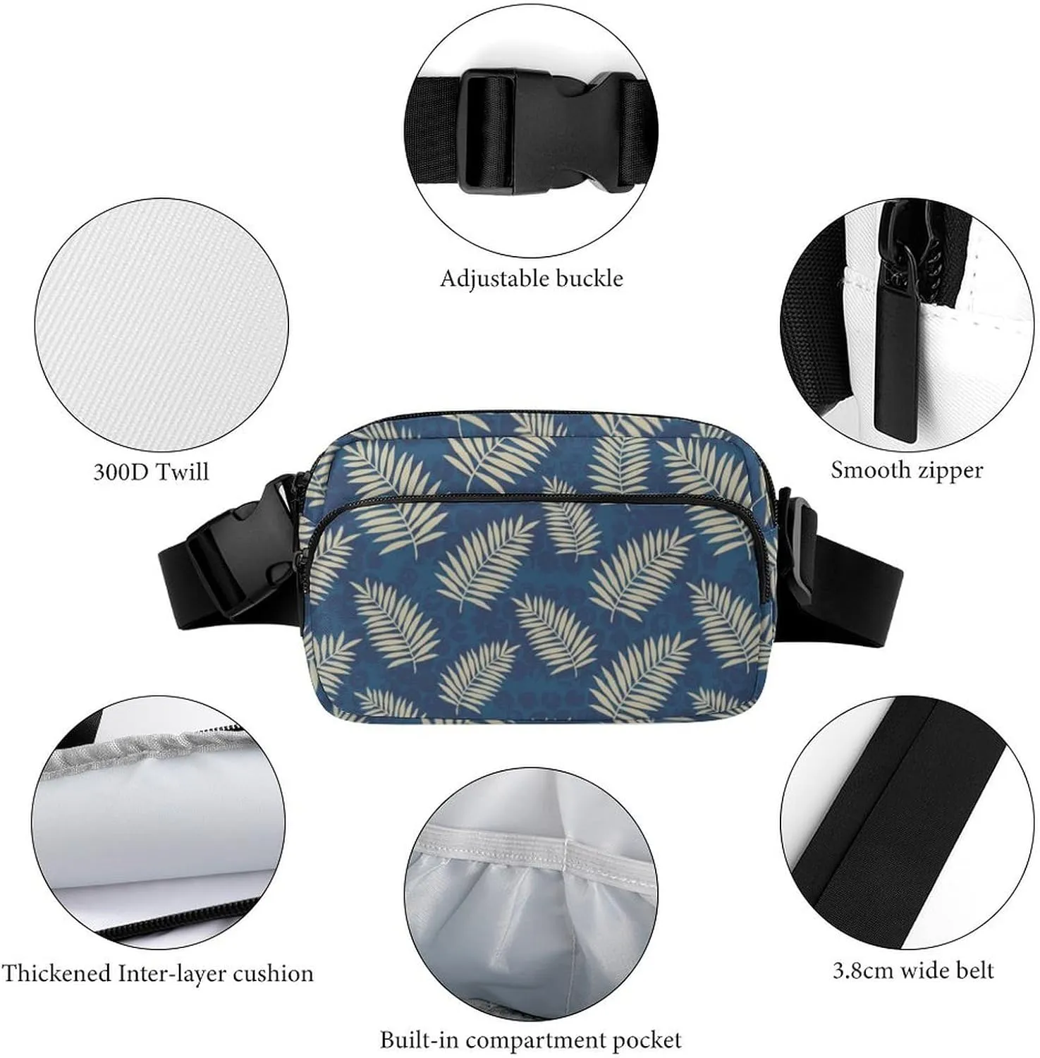 Summer Palm Leaves Belt Bag Fanny Pack for Women Men Blue Crossbody Waist Bag Pack Adjustable Casual Bag for Travel Running Workout Cycling