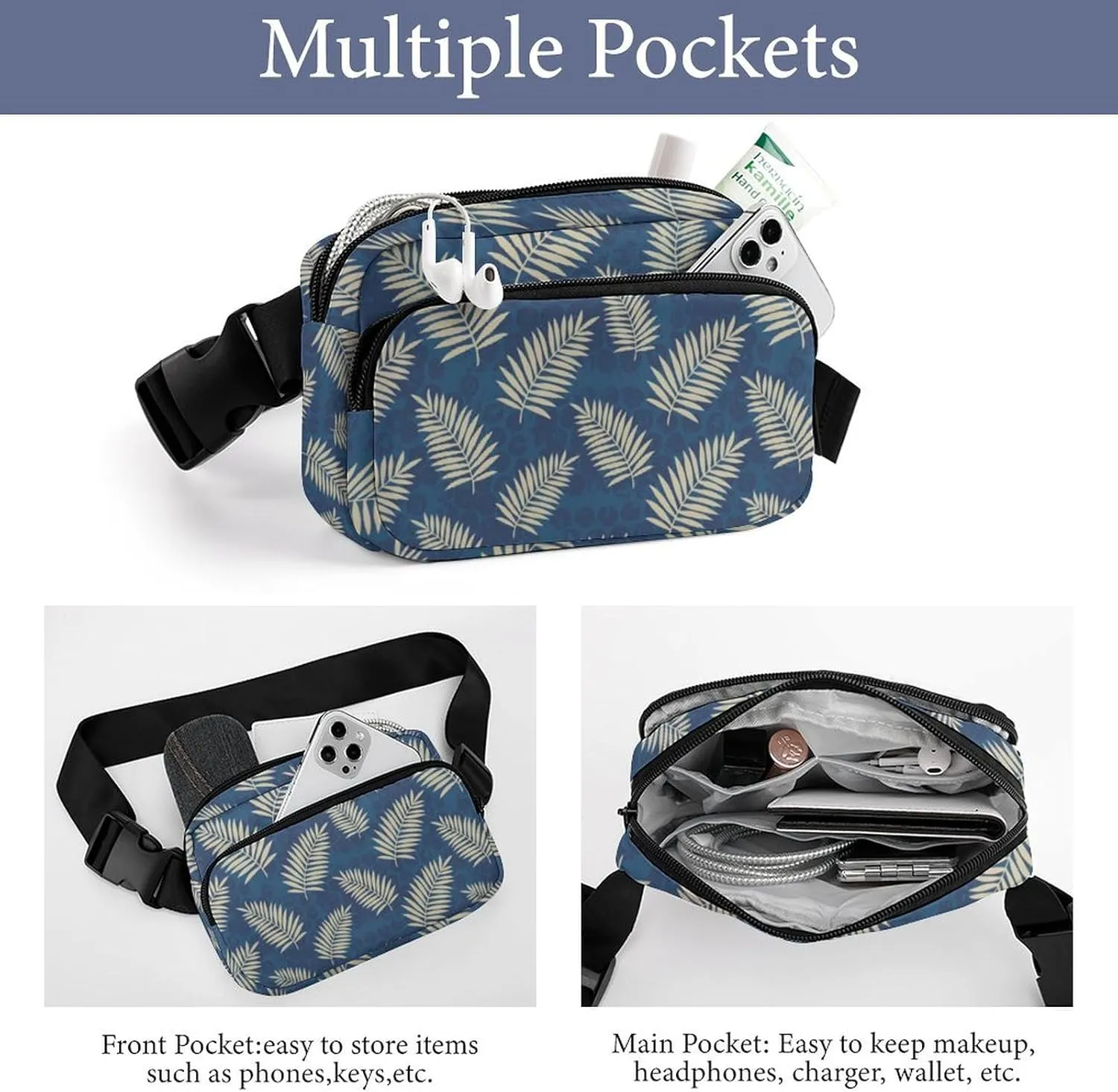 Summer Palm Leaves Belt Bag Fanny Pack for Women Men Blue Crossbody Waist Bag Pack Adjustable Casual Bag for Travel Running Workout Cycling