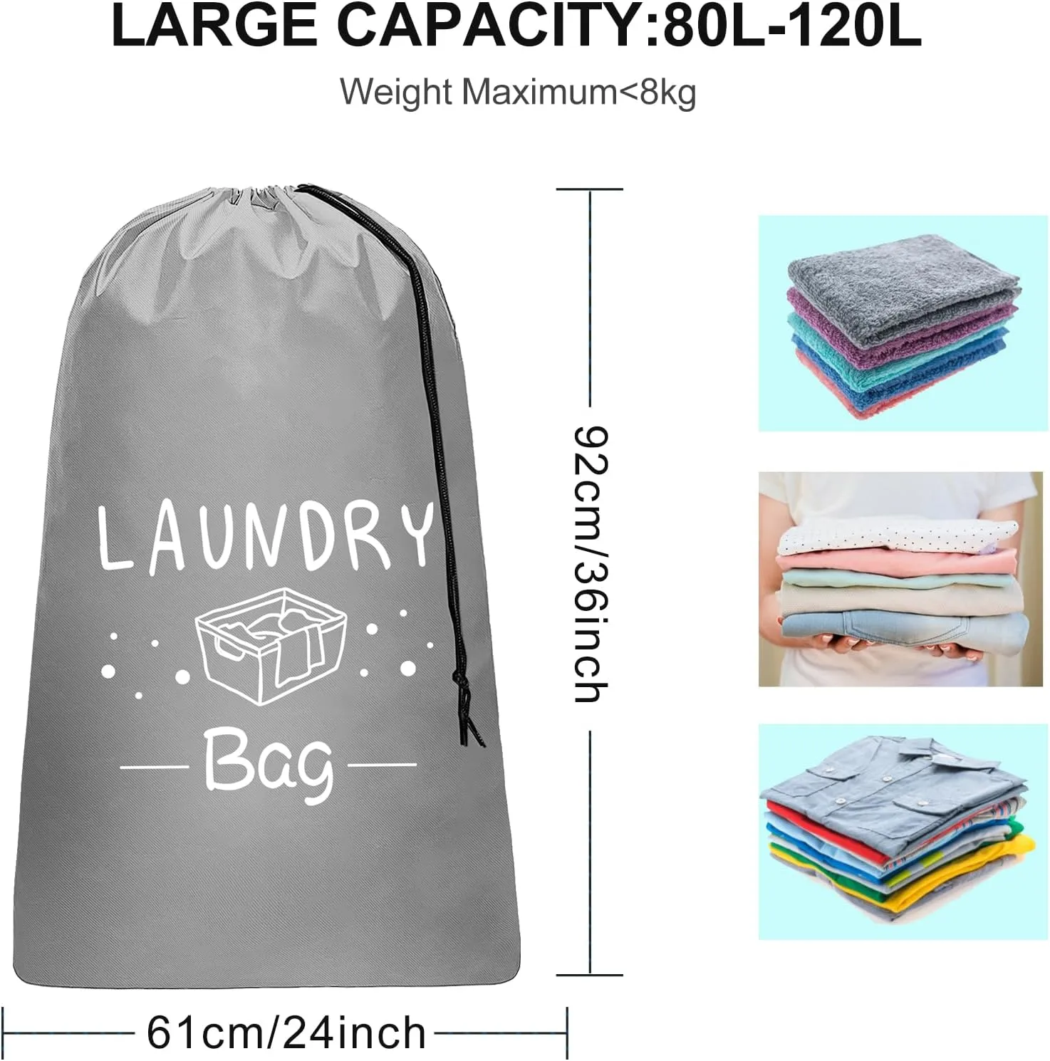 Sylfairy 2 Pack Extra Large Travel Laundry Bag, Rip-Stop Dirty Clothes Shoulder Bag with Drawstring, Heavy Duty Travel Laundry Bag, Large Laundry Hamper Liner (Black Light Grey, 24" x 36")
