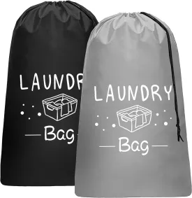 Sylfairy 2 Pack Extra Large Travel Laundry Bag, Rip-Stop Dirty Clothes Shoulder Bag with Drawstring, Heavy Duty Travel Laundry Bag, Large Laundry Hamper Liner (Black Light Grey, 24" x 36")