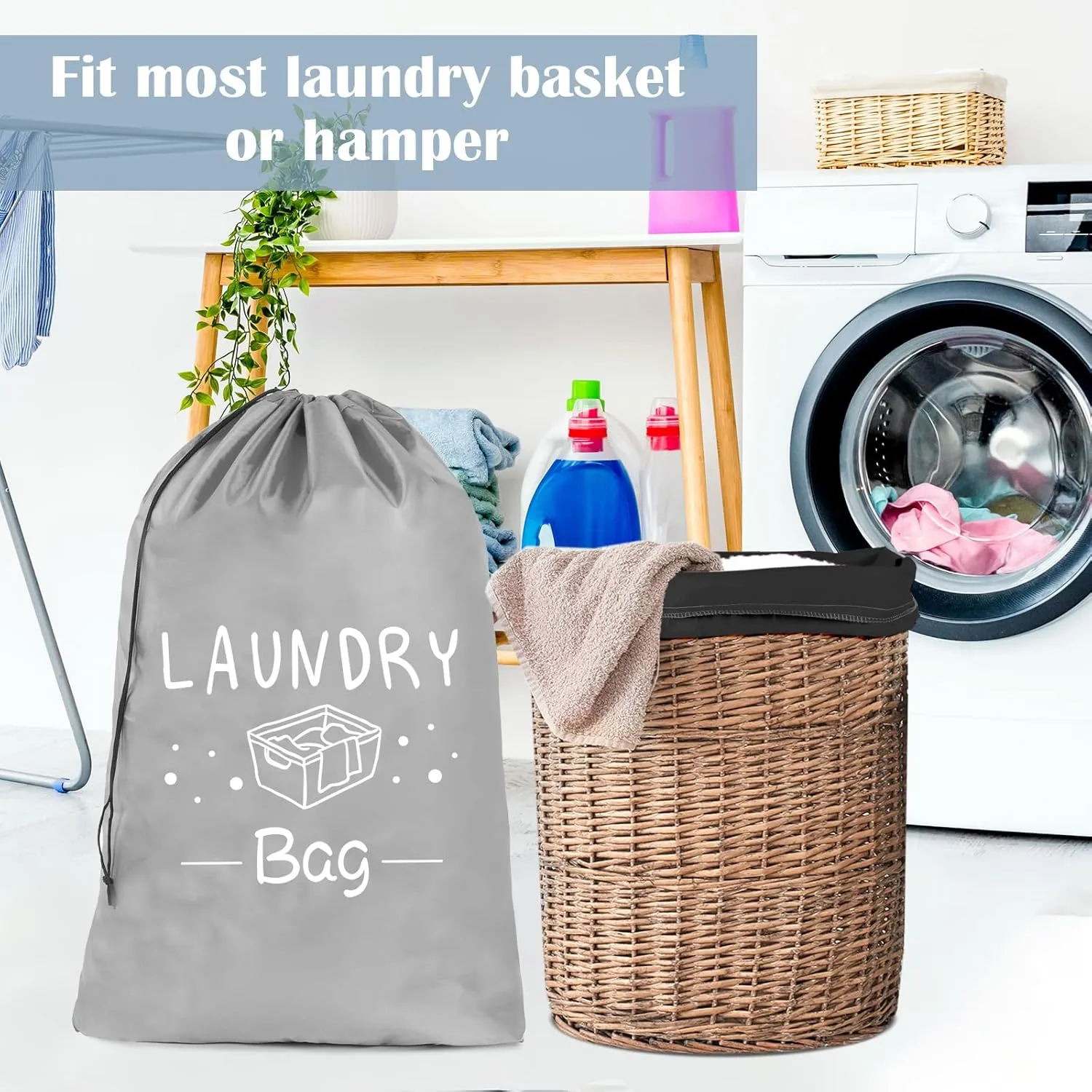 Sylfairy 2 Pack Extra Large Travel Laundry Bag, Rip-Stop Dirty Clothes Shoulder Bag with Drawstring, Heavy Duty Travel Laundry Bag, Large Laundry Hamper Liner (Black Light Grey, 24" x 36")