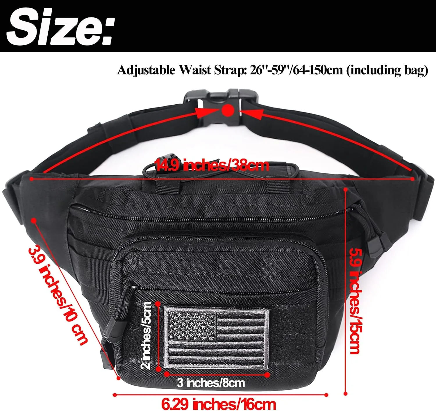 Tactical Fanny Pack, Military Waist Bag Hip Belt Bumbag Utility Bags for Outdoor Hiking Climbing Fishing with U.S Patch (Black Green)