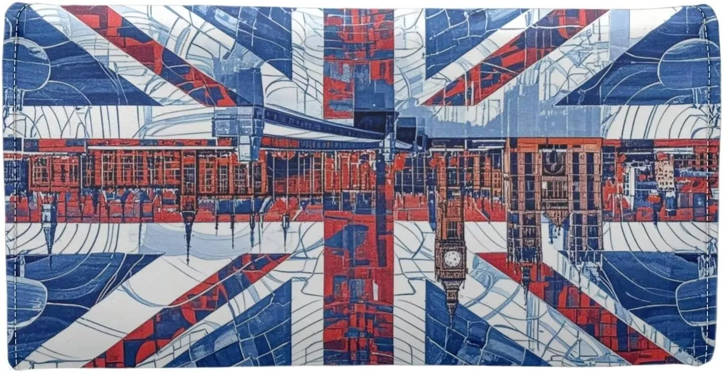 Union Jack Long Wallet for Women, London Landmark Printed Leather Trifold Slim Clutch Wallets with ID Window, Big Ben Print Billfold Purse Credit Card Holder