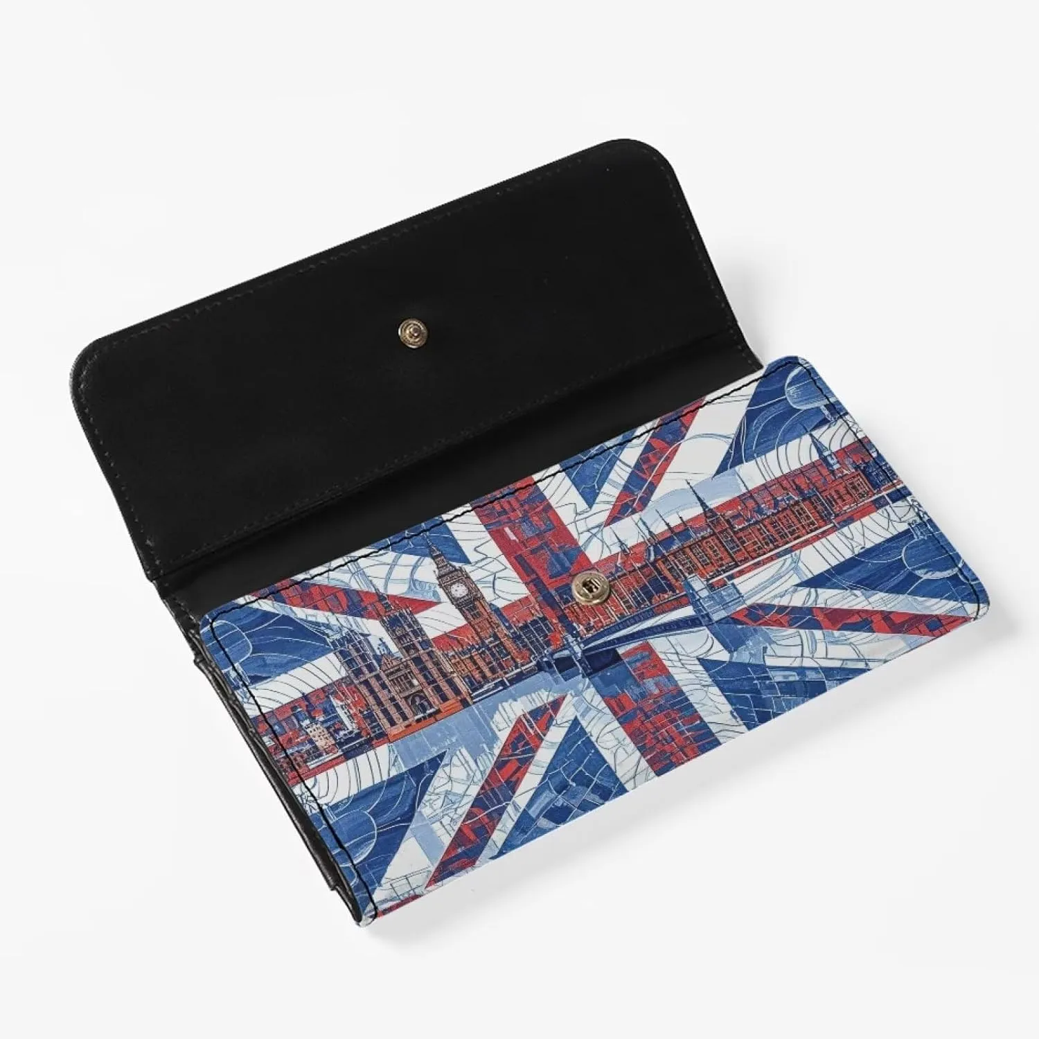 Union Jack Long Wallet for Women, London Landmark Printed Leather Trifold Slim Clutch Wallets with ID Window, Big Ben Print Billfold Purse Credit Card Holder