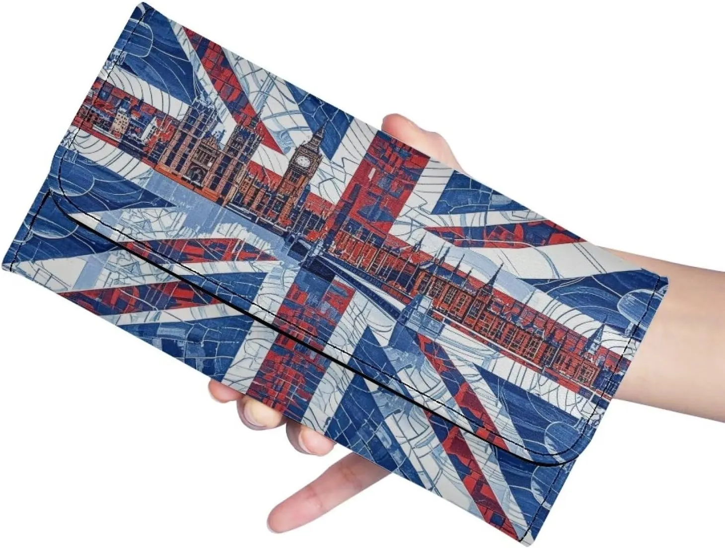 Union Jack Long Wallet for Women, London Landmark Printed Leather Trifold Slim Clutch Wallets with ID Window, Big Ben Print Billfold Purse Credit Card Holder