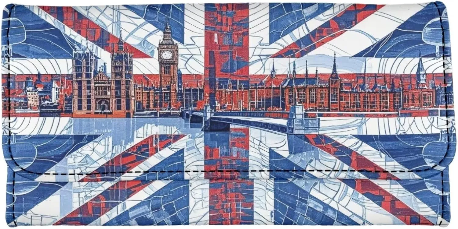 Union Jack Long Wallet for Women, London Landmark Printed Leather Trifold Slim Clutch Wallets with ID Window, Big Ben Print Billfold Purse Credit Card Holder