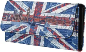 Union Jack Long Wallet for Women, London Landmark Printed Leather Trifold Slim Clutch Wallets with ID Window, Big Ben Print Billfold Purse Credit Card Holder