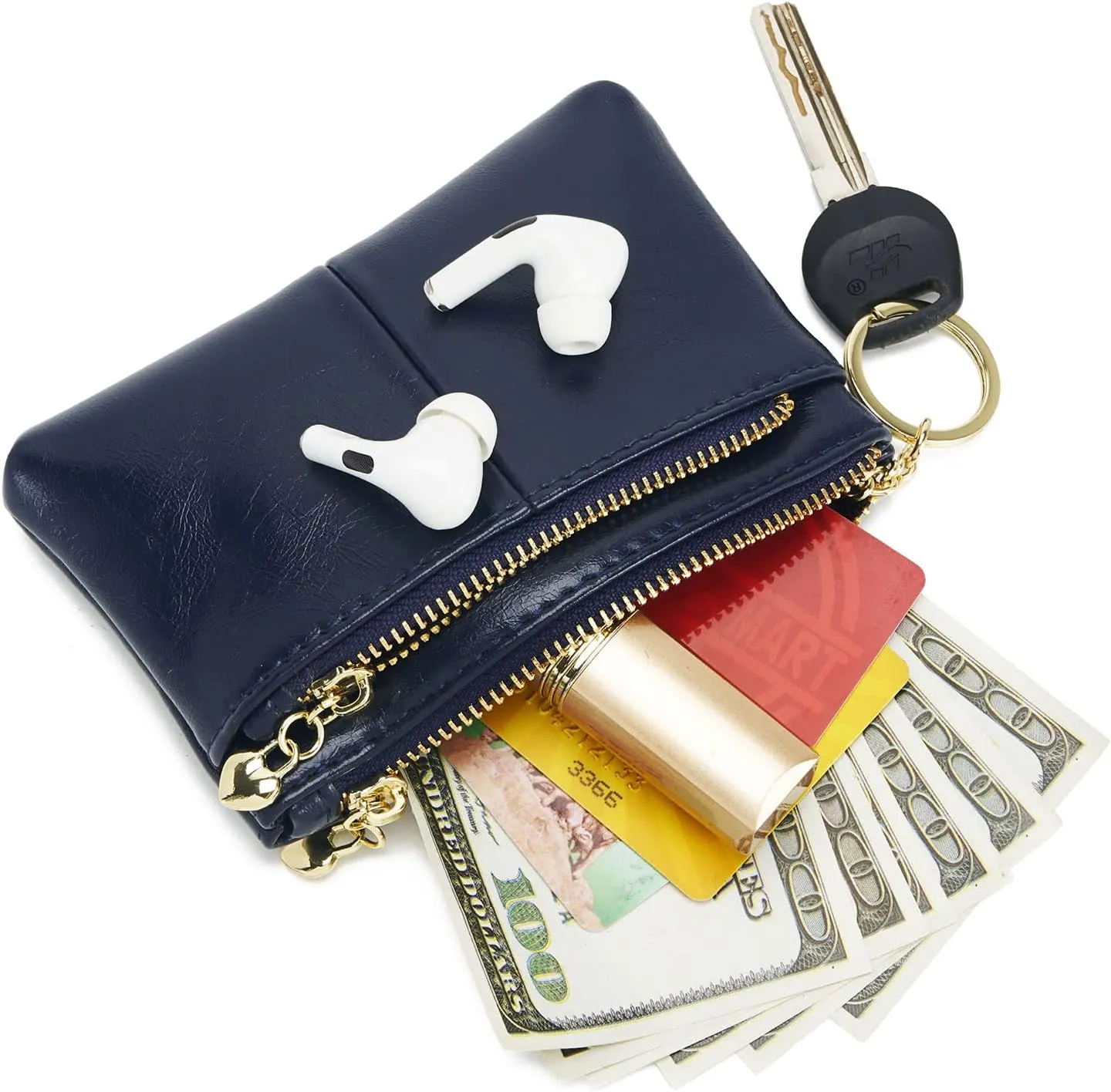ZOOEASS Women PU Leather Zip Mini Coin Purse With Key Ring Triple Zipper Card Holder Wallet (Navy)
