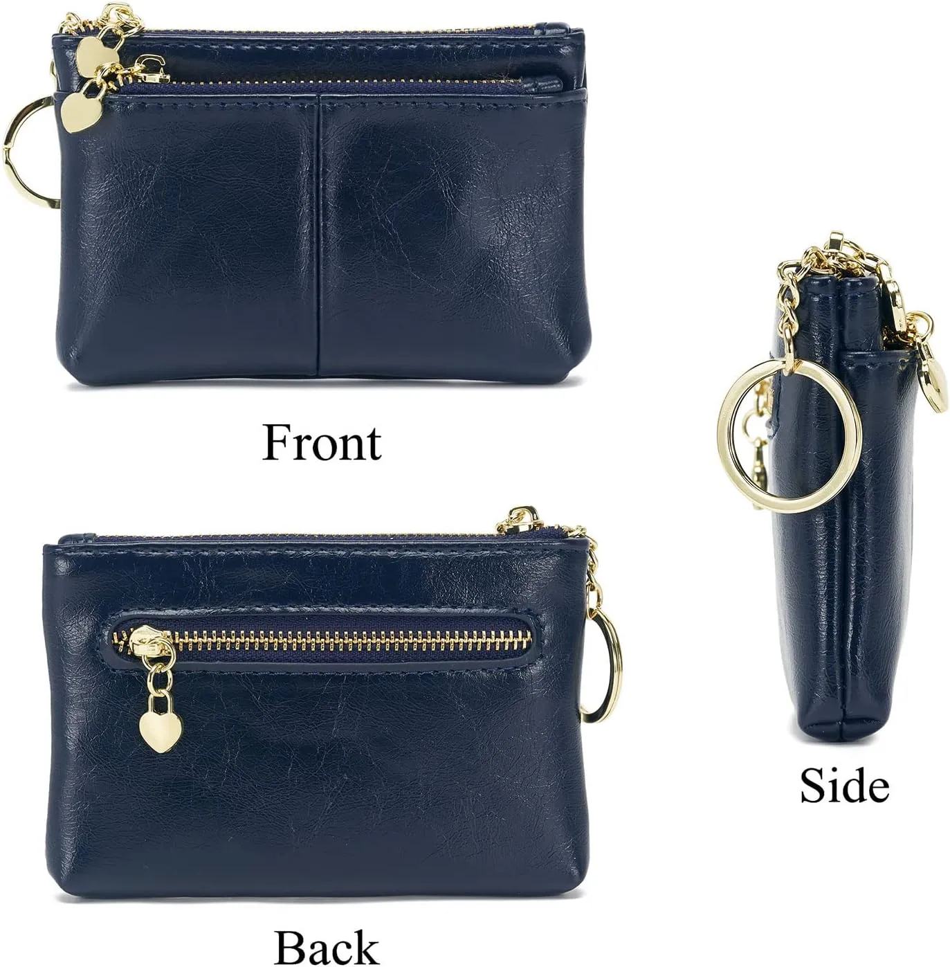 ZOOEASS Women PU Leather Zip Mini Coin Purse With Key Ring Triple Zipper Card Holder Wallet (Navy)